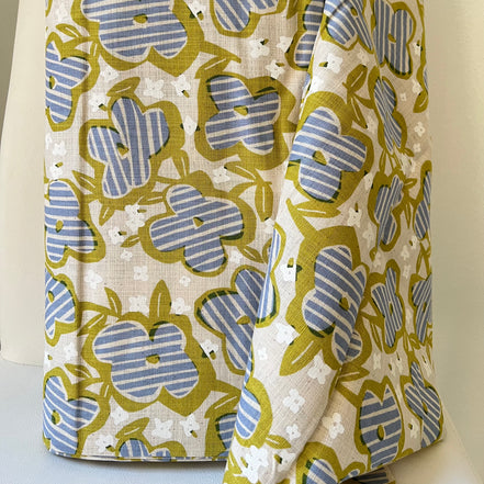 Periwinkle, White and Chartreuse Floral on Light Beige- Cotton Slub Fabric- 44"