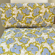 Periwinkle, White and Chartreuse Floral on Light Beige- Cotton Slub Fabric- 44
