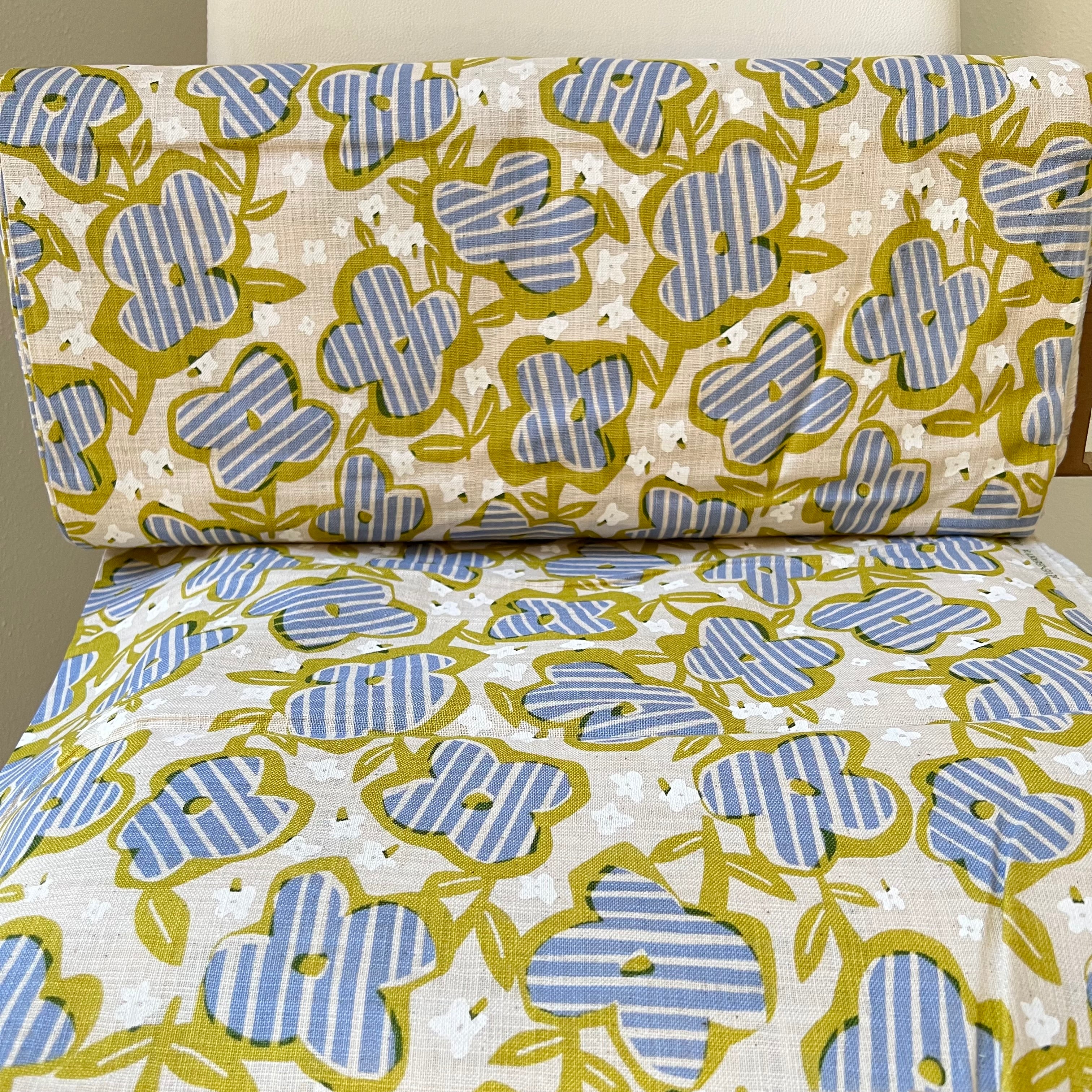 Periwinkle, White and Chartreuse Floral on Light Beige- Cotton Slub Fabric- 44