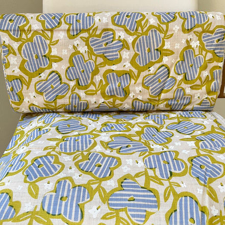 Periwinkle, White and Chartreuse Floral on Light Beige- Cotton Slub Fabric- 44"
