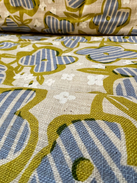 Periwinkle, White and Chartreuse Floral on Light Beige- Cotton Slub Fabric- 44"