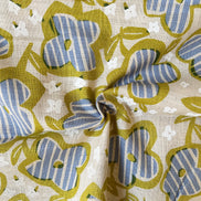 Periwinkle, White and Chartreuse Floral on Light Beige- Cotton Slub Fabric- 44