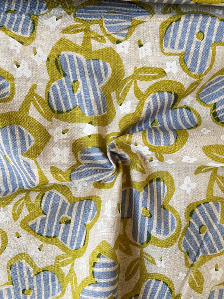 Periwinkle, White and Chartreuse Floral on Light Beige- Cotton Slub Fabric- 44"