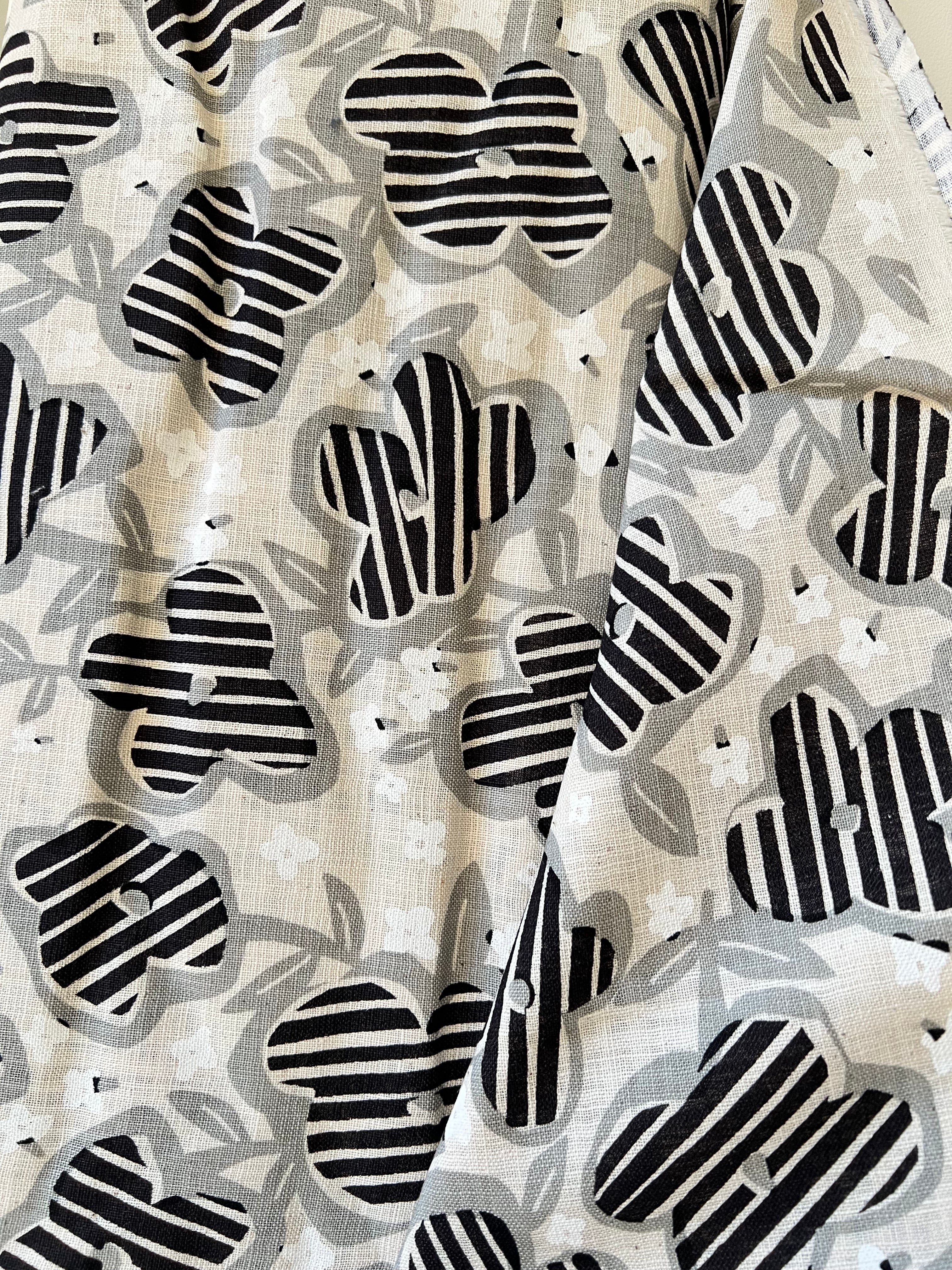 Black, White and Gray Floral on Light Beige- Cotton Slub Fabric- 44