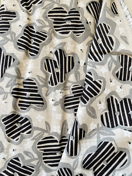 Black, White and Gray Floral on Light Beige- Cotton Slub Fabric- 44"
