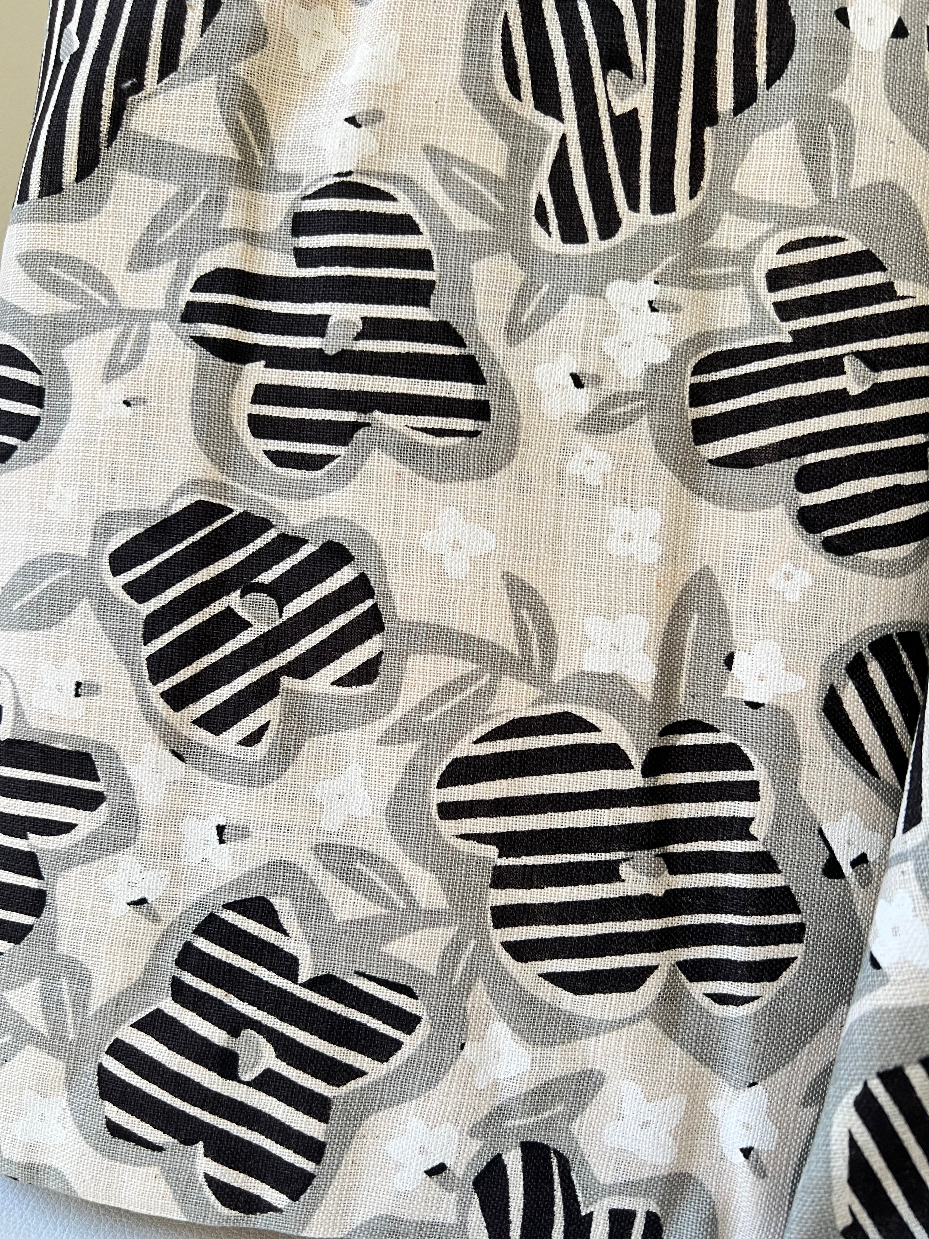 Black, White and Gray Floral on Light Beige- Cotton Slub Fabric- 44