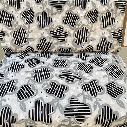 Black, White and Gray Floral on Light Beige- Cotton Slub Fabric- 44"