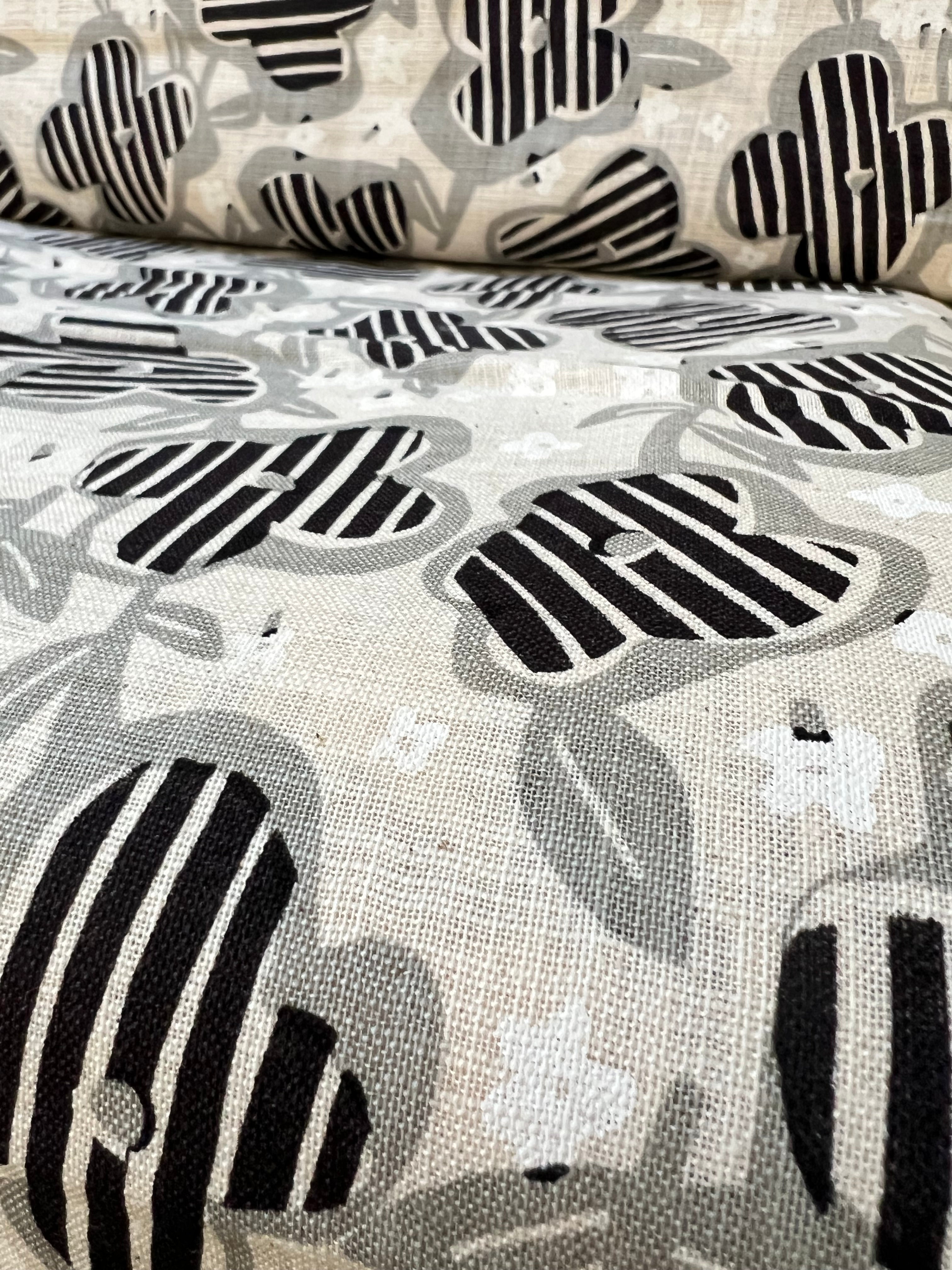 Black, White and Gray Floral on Light Beige- Cotton Slub Fabric- 44