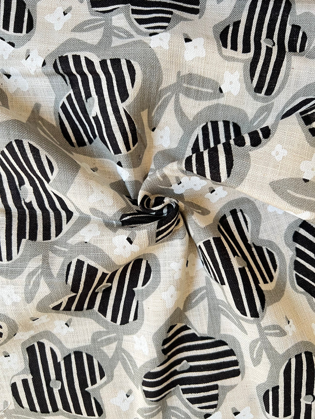 Black, White and Gray Floral on Light Beige- Cotton Slub Fabric- 44"