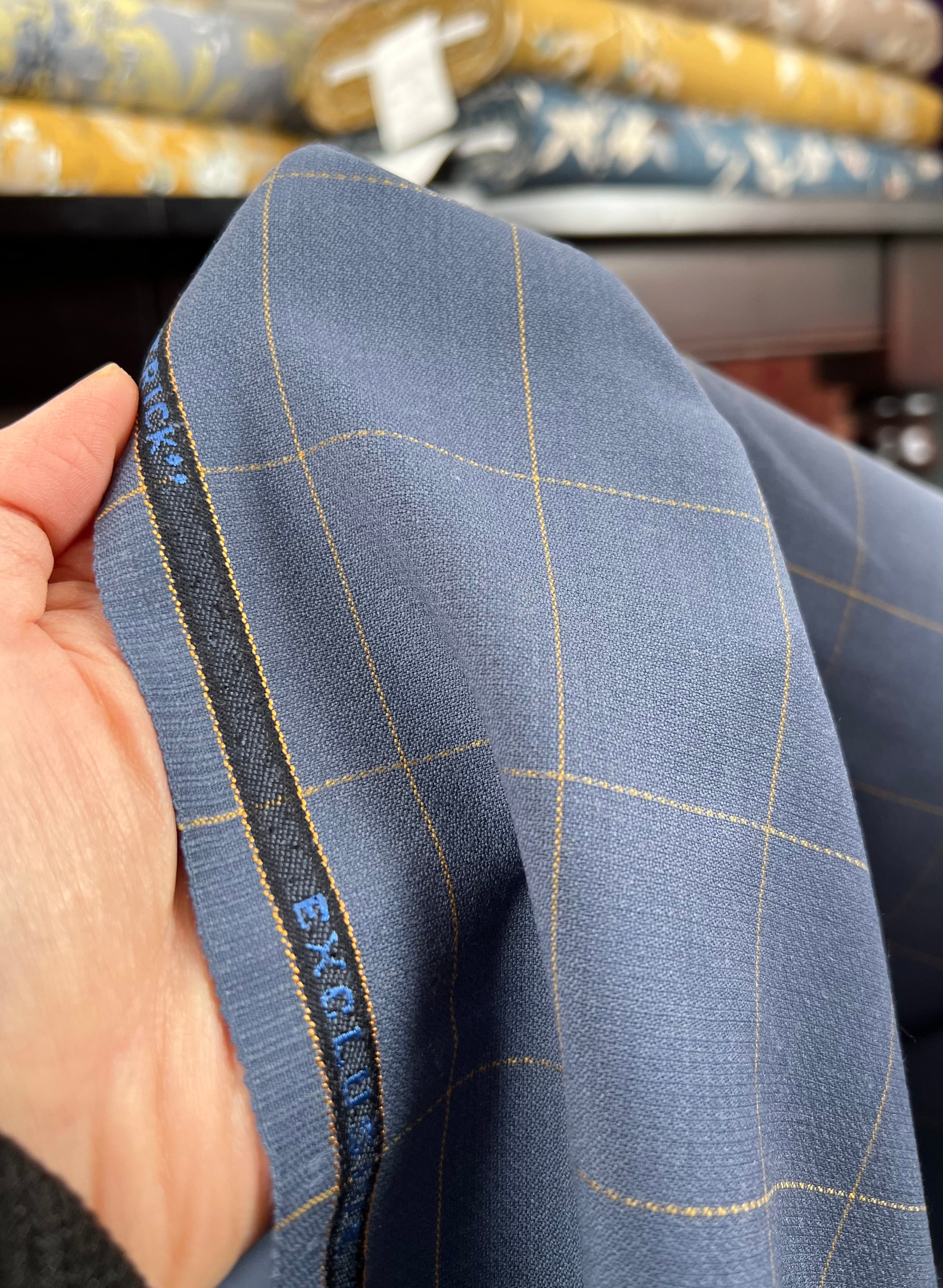 Slate Blue Windowpane Wool Suiting- Maverick Super 110's- 60