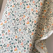 Evergreen, Pink, Ochre, Birds on Cream KNIT Cotton Fabric- 