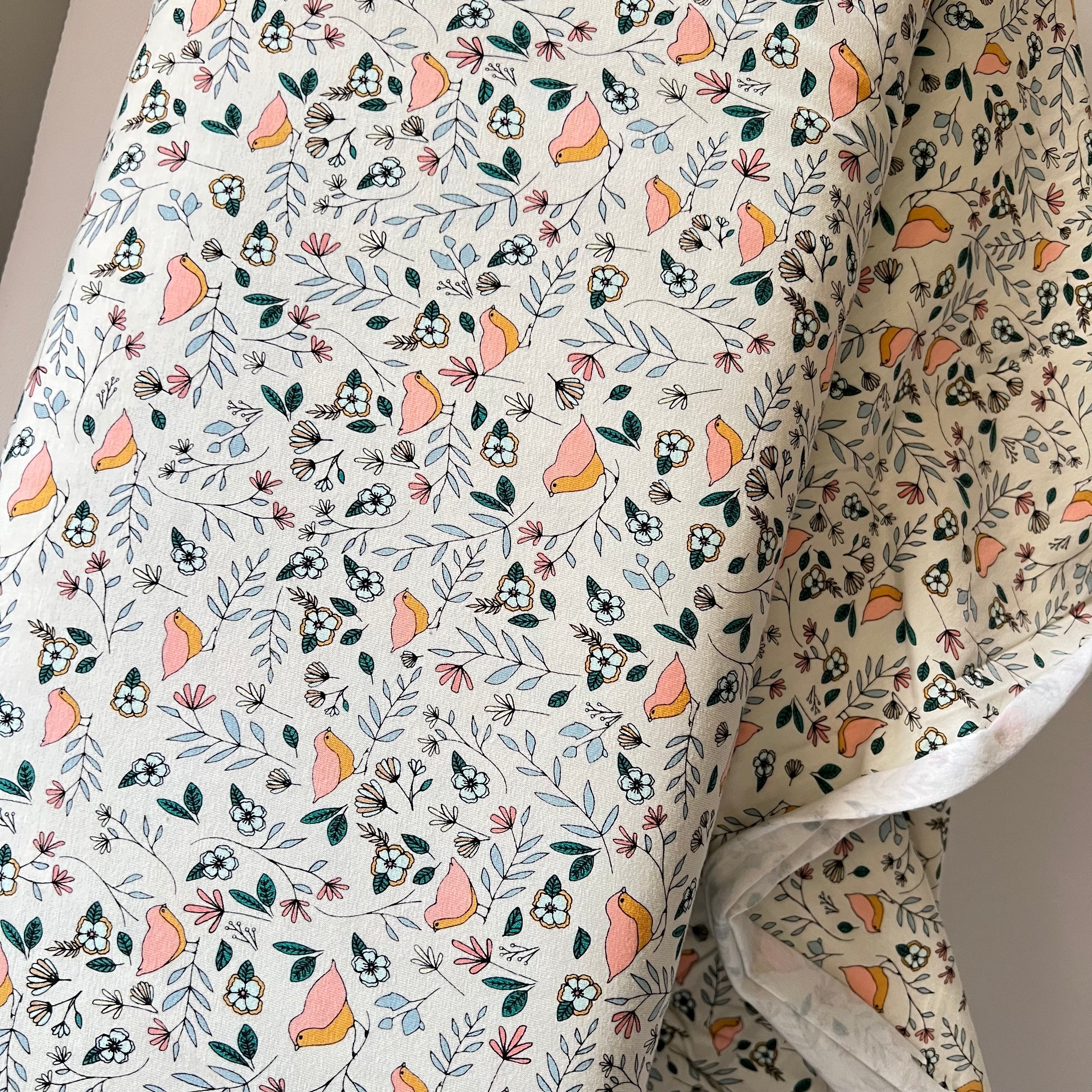 Evergreen, Pink, Ochre, Birds on Cream KNIT Cotton Fabric- 