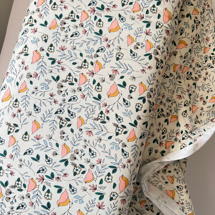 Evergreen, Pink, Ochre, Birds on Cream KNIT Cotton Fabric- "Lovebirds Celeste"- 58"