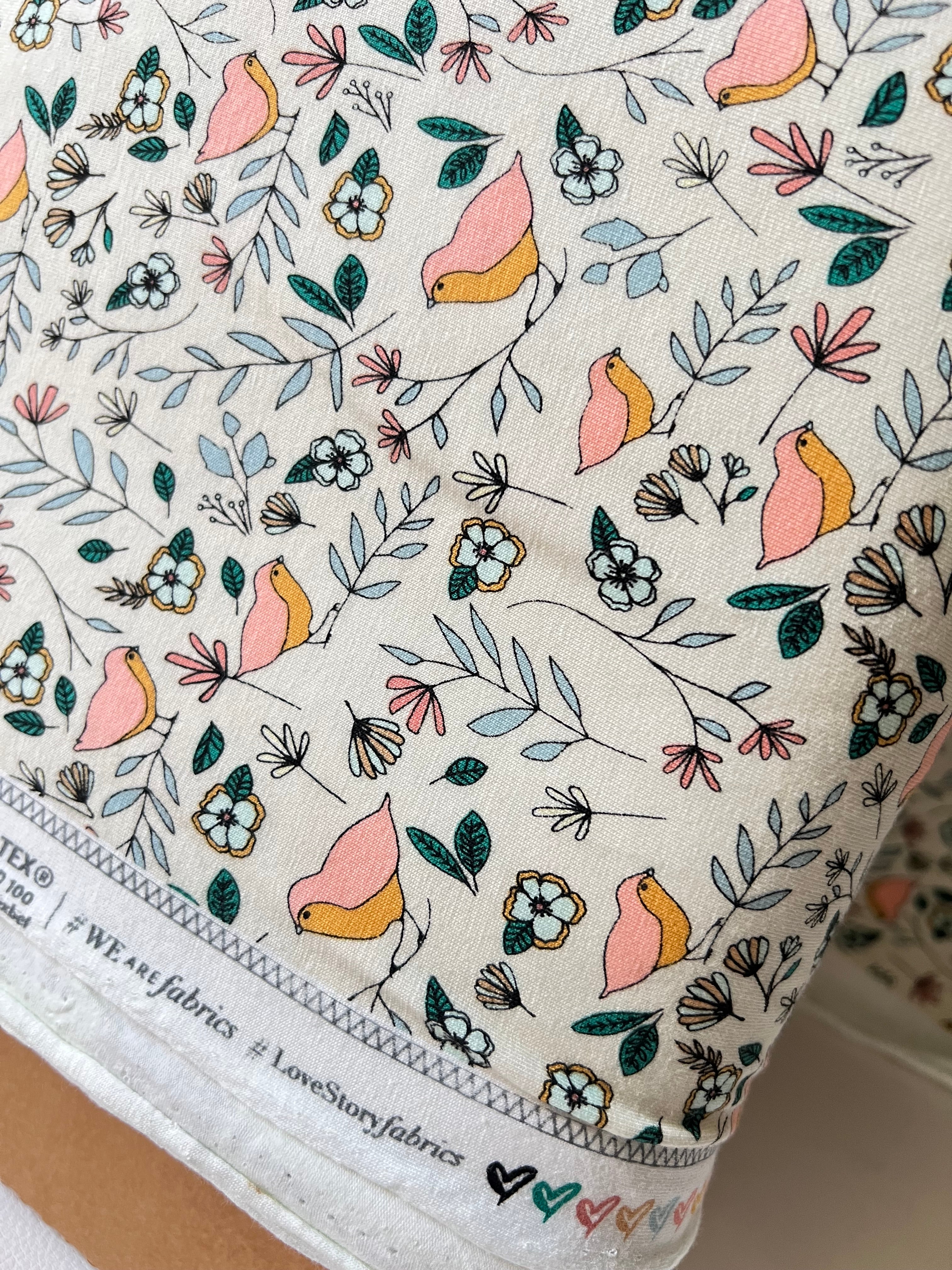 Evergreen, Pink, Ochre, Birds on Cream KNIT Cotton Fabric- 