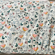 Evergreen, Pink, Ochre, Birds on Cream KNIT Cotton Fabric- 