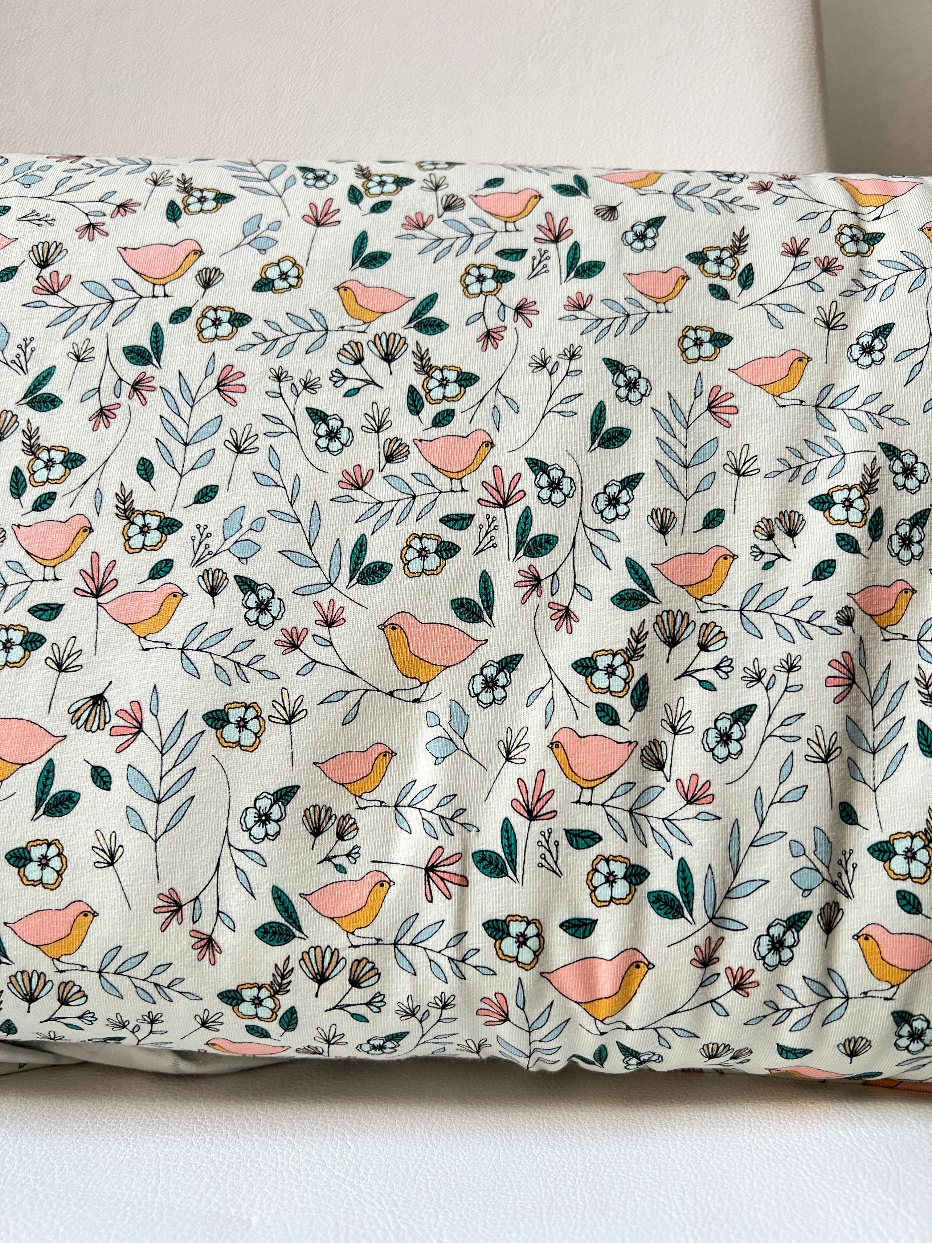Evergreen, Pink, Ochre, Birds on Cream KNIT Cotton Fabric- 