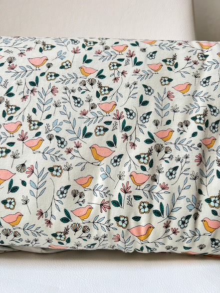 Evergreen, Pink, Ochre, Birds on Cream KNIT Cotton Fabric- "Lovebirds Celeste"- 58"