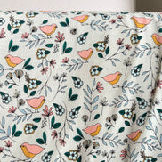 Evergreen, Pink, Ochre, Birds on Cream KNIT Cotton Fabric- 