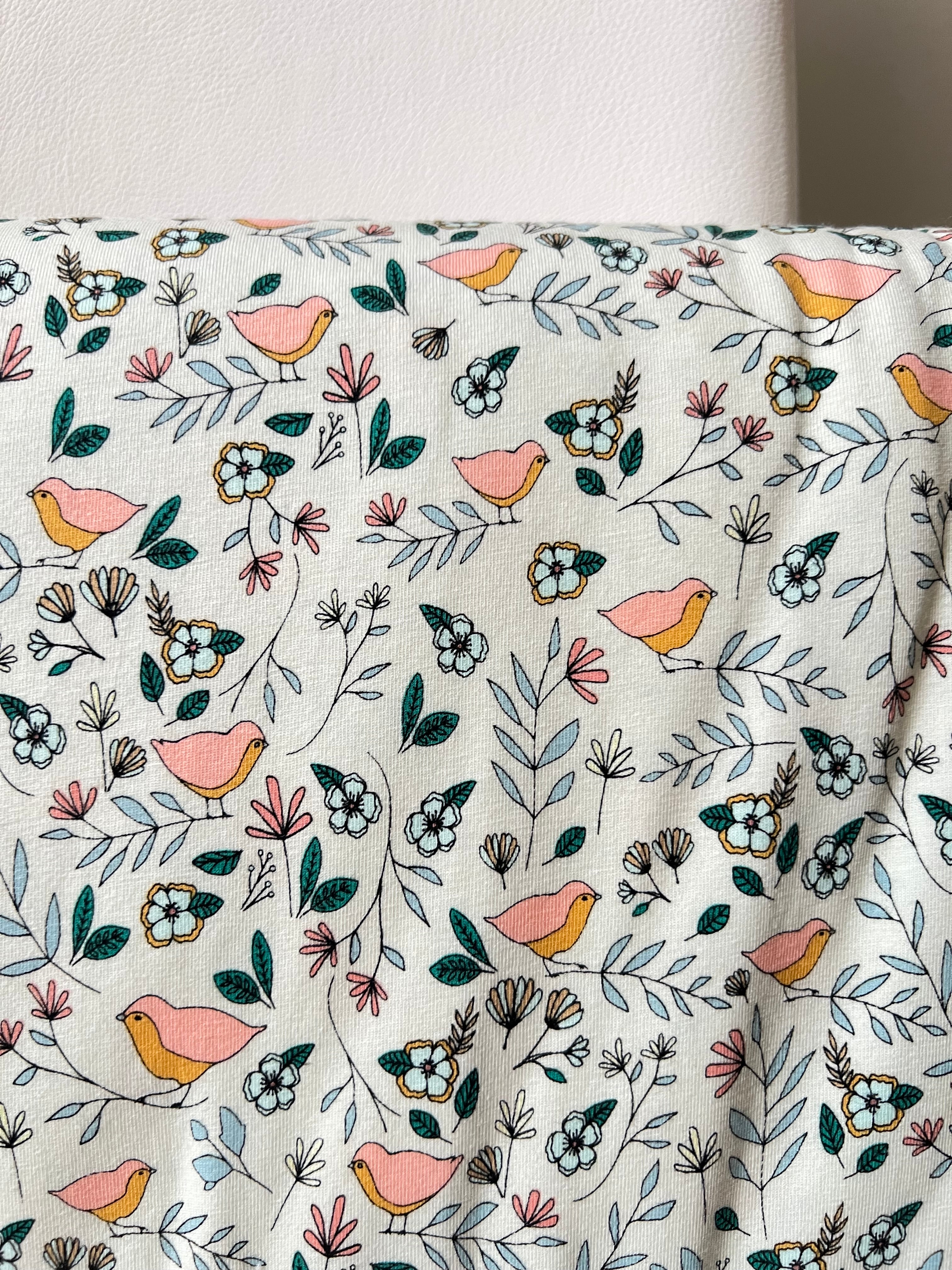 Evergreen, Pink, Ochre, Birds on Cream KNIT Cotton Fabric- 