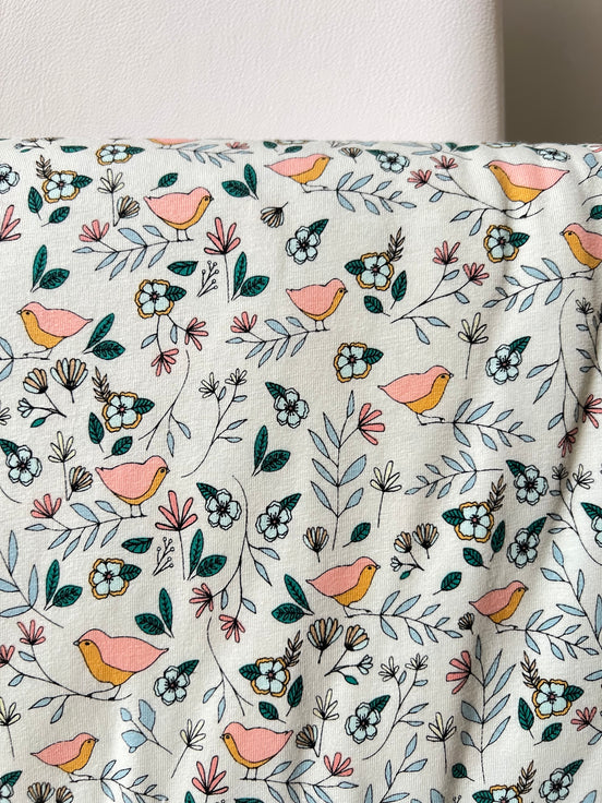 Evergreen, Pink, Ochre, Birds on Cream KNIT Cotton Fabric- "Lovebirds Celeste"- 58"