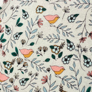 Evergreen, Pink, Ochre, Birds on Cream KNIT Cotton Fabric- 