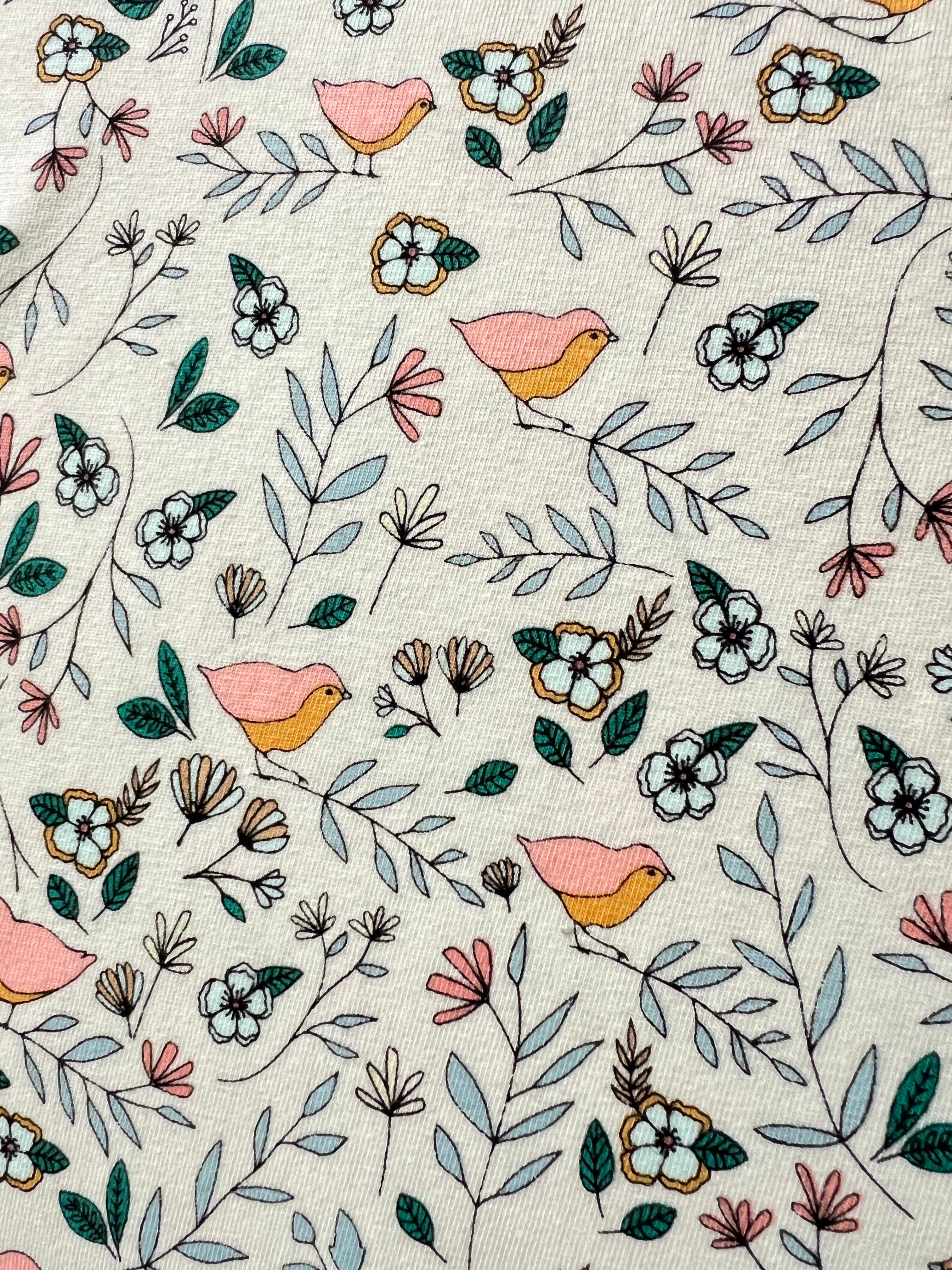 Evergreen, Pink, Ochre, Birds on Cream KNIT Cotton Fabric- 