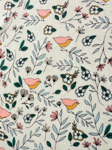 Evergreen, Pink, Ochre, Birds on Cream KNIT Cotton Fabric- "Lovebirds Celeste"- 58"