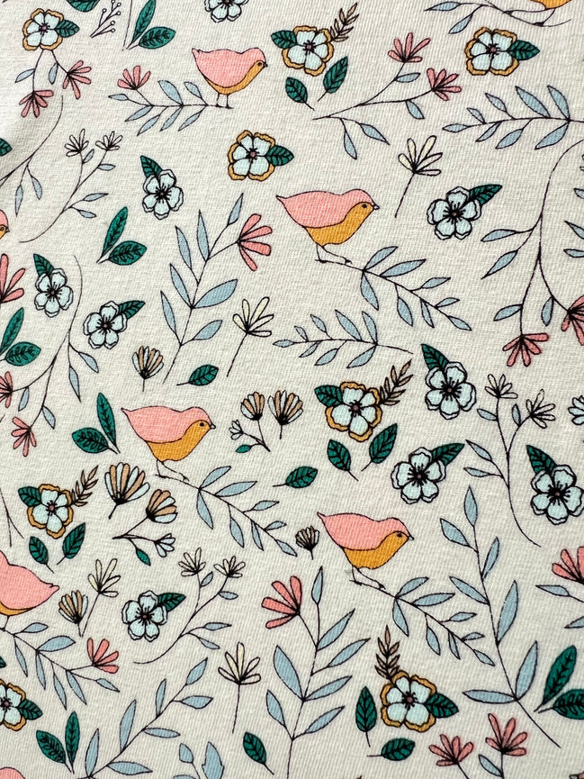 Evergreen, Pink, Ochre, Birds on Cream KNIT Cotton Fabric- "Lovebirds Celeste"- 58"