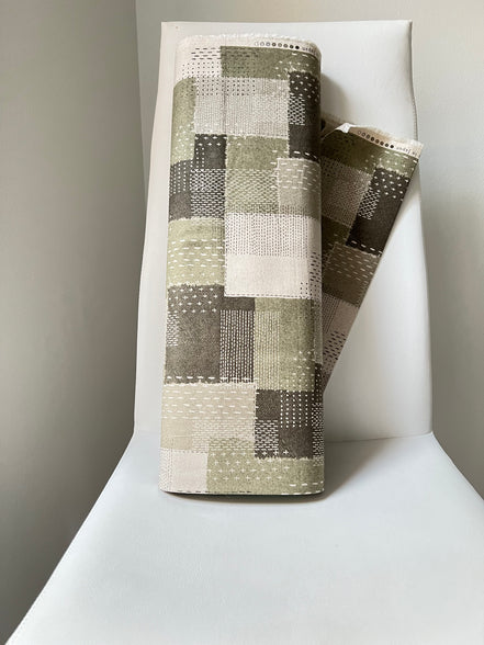 Olive Green, Off- White- Sashiko Patchwork Print on Cotton- Linen Canvas Fabric- Kokka- 43” Wide