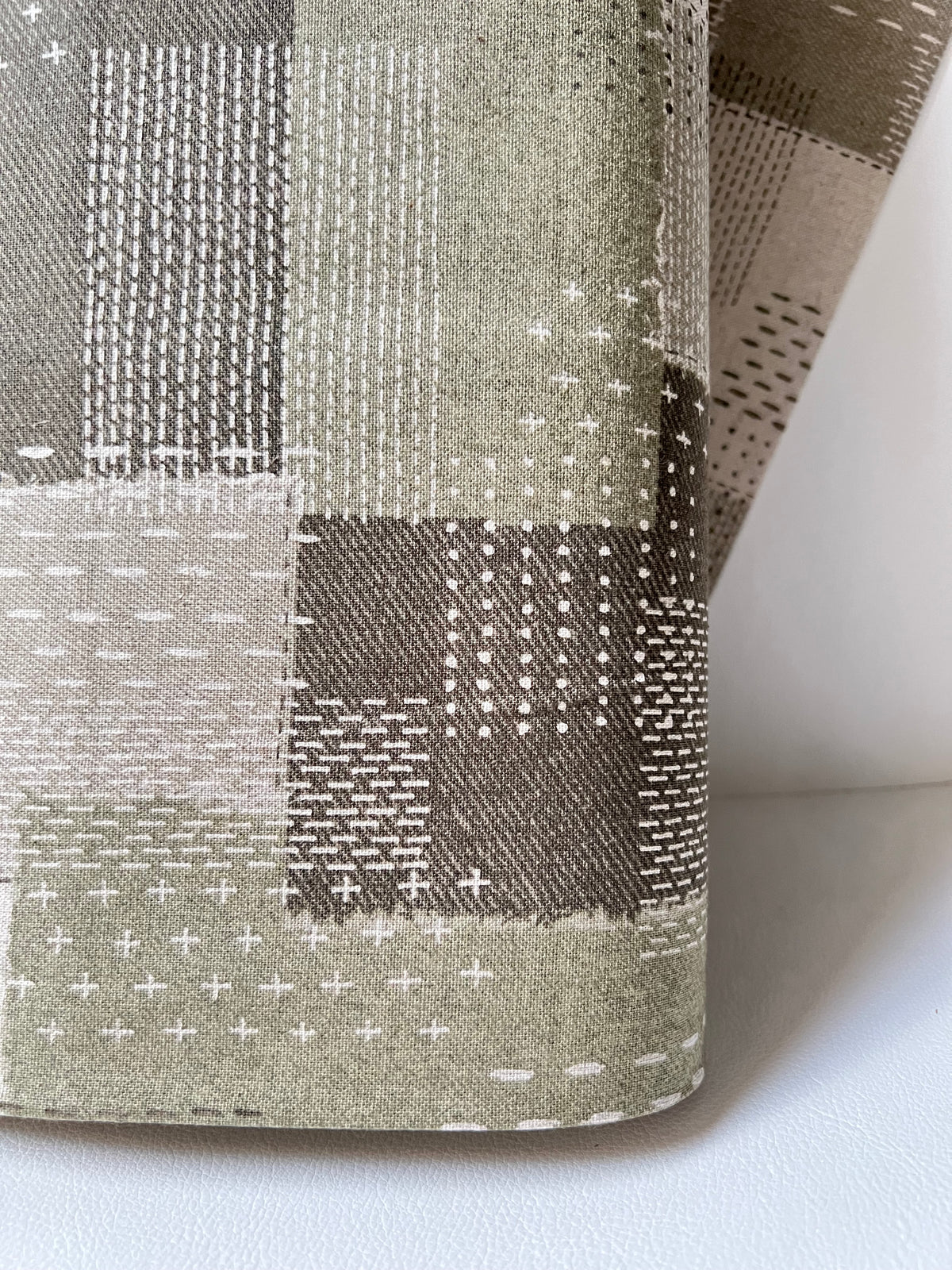 Olive Green, Off- White- Sashiko Patchwork Print on Cotton- Linen Canvas Fabric- Kokka- 43” Wide