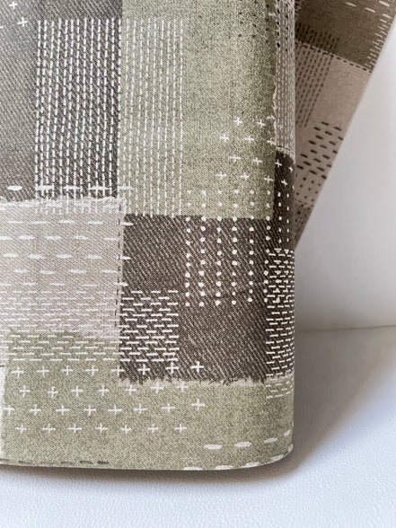 Olive Green, Off- White- Sashiko Patchwork Print on Cotton- Linen Canvas Fabric- Kokka- 43” Wide