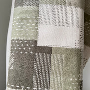 Olive Green, Off- White- Sashiko Patchwork Print on Cotton- Linen Canvas Fabric- Kokka- 43” Wide
