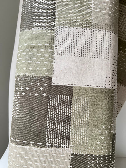 Olive Green, Off- White- Sashiko Patchwork Print on Cotton- Linen Canvas Fabric- Kokka- 43” Wide