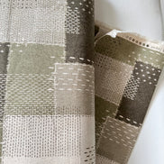 Olive Green, Off- White- Sashiko Patchwork Print on Cotton- Linen Canvas Fabric- Kokka- 43” Wide