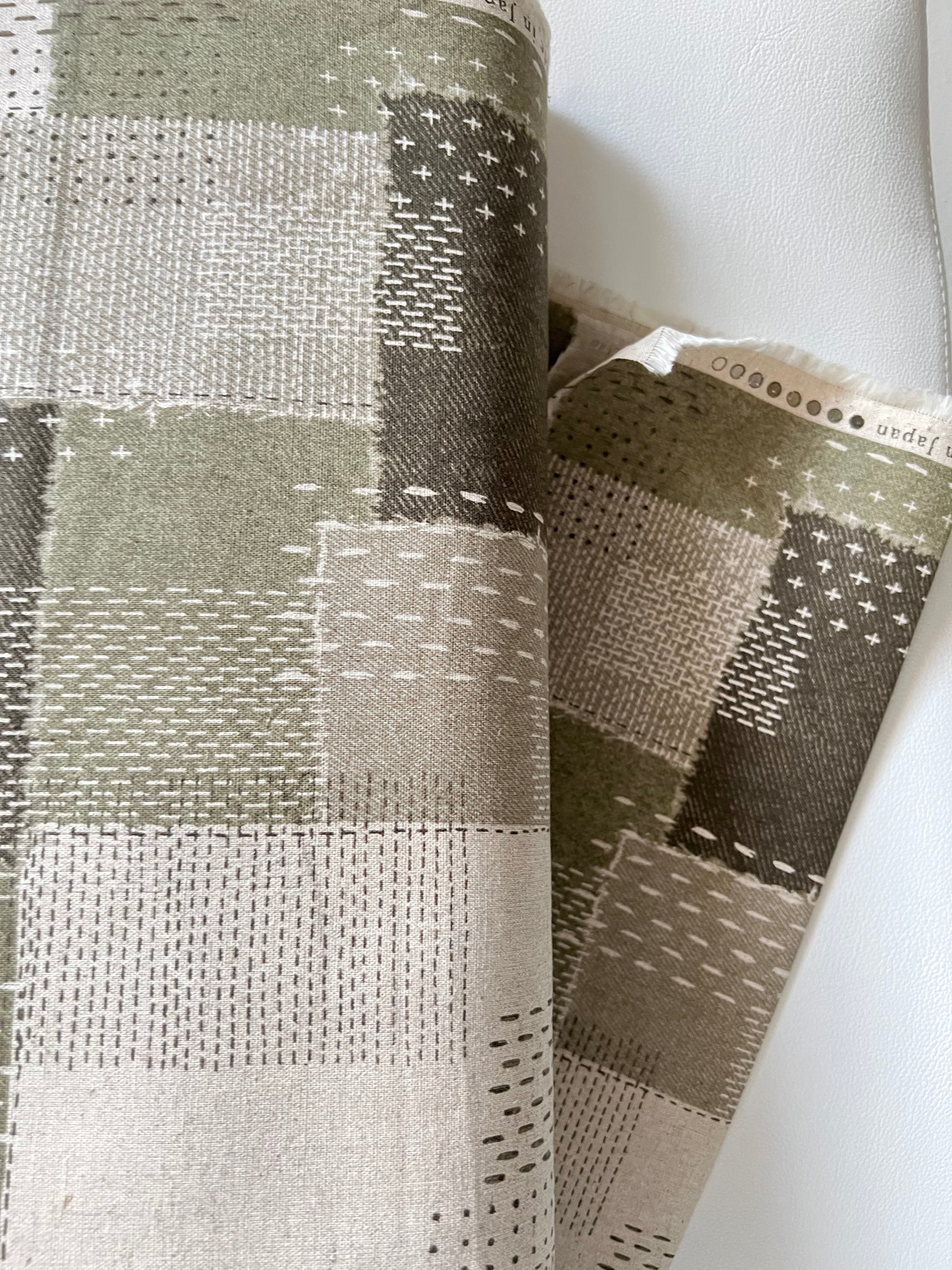 Olive Green, Off- White- Sashiko Patchwork Print on Cotton- Linen Canvas Fabric- Kokka- 43” Wide