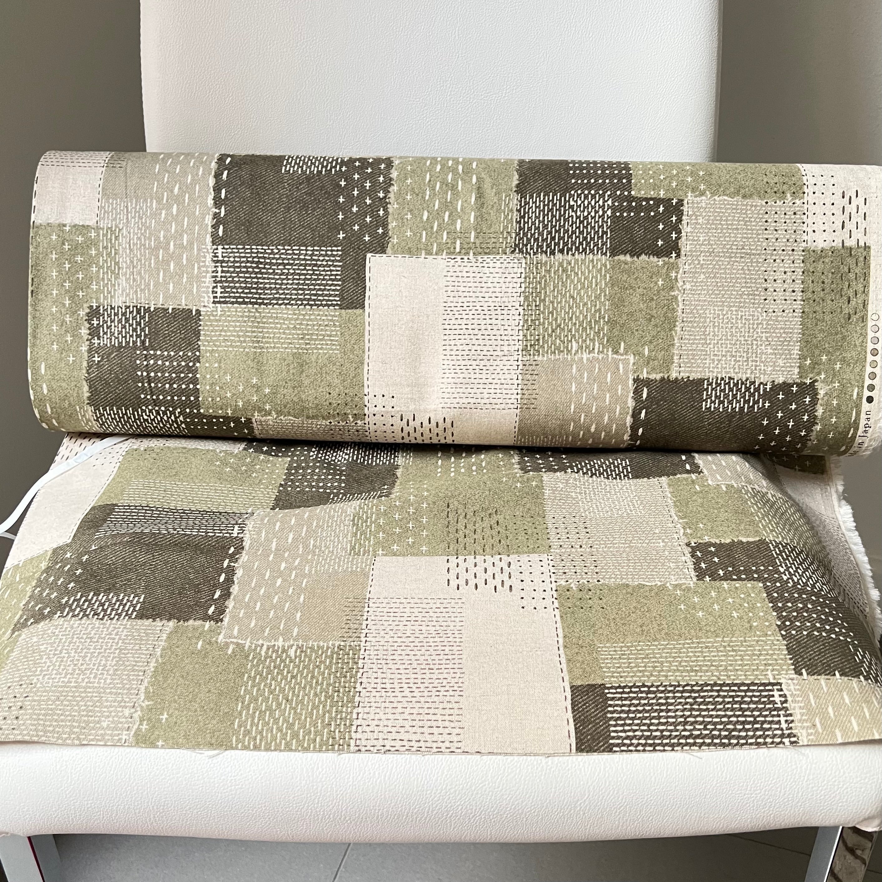 Olive Green, Off- White- Sashiko Patchwork Print on Cotton- Linen Canvas Fabric- Kokka- 43” Wide