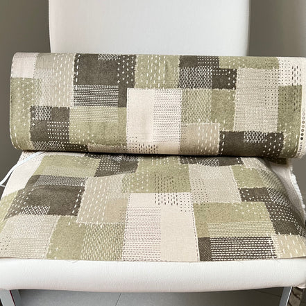 Olive Green, Off- White- Sashiko Patchwork Print on Cotton- Linen Canvas Fabric- Kokka- 43” Wide