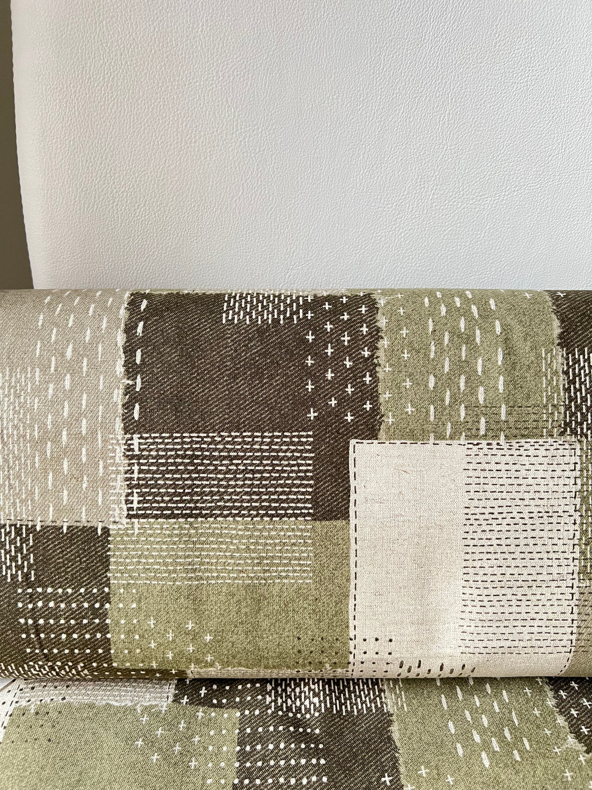 Olive Green, Off- White- Sashiko Patchwork Print on Cotton- Linen Canvas Fabric- Kokka- 43” Wide
