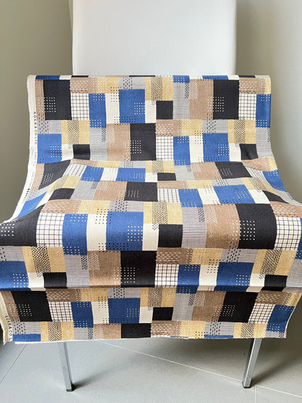 Blue, Indigo, Brown, Tan, White- Sashiko Patchwork Print on Cotton- Linen Canvas Fabric- Kokka- 43” Wide