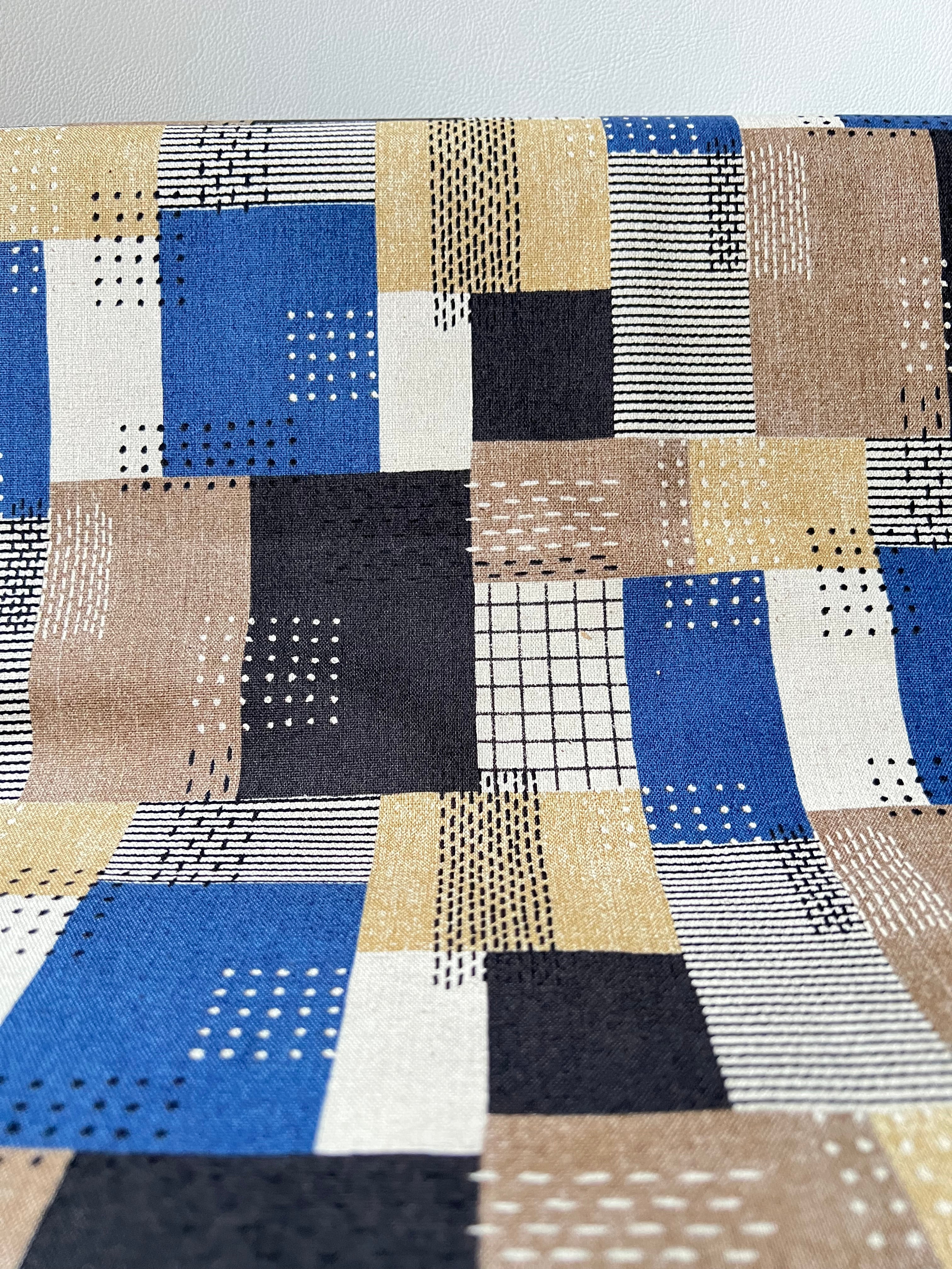 Blue, Indigo, Brown, Tan, White- Sashiko Patchwork Print on Cotton- Linen Canvas Fabric- Kokka- 43” Wide