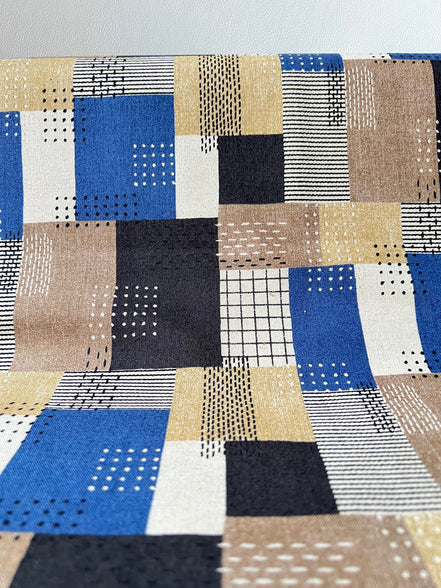 Blue, Indigo, Brown, Tan, White- Sashiko Patchwork Print on Cotton- Linen Canvas Fabric- Kokka- 43” Wide