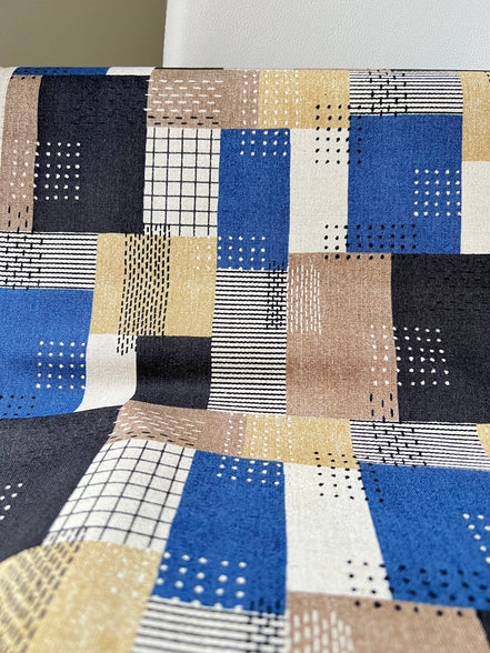 Blue, Indigo, Brown, Tan, White- Sashiko Patchwork Print on Cotton- Linen Canvas Fabric- Kokka- 43” Wide