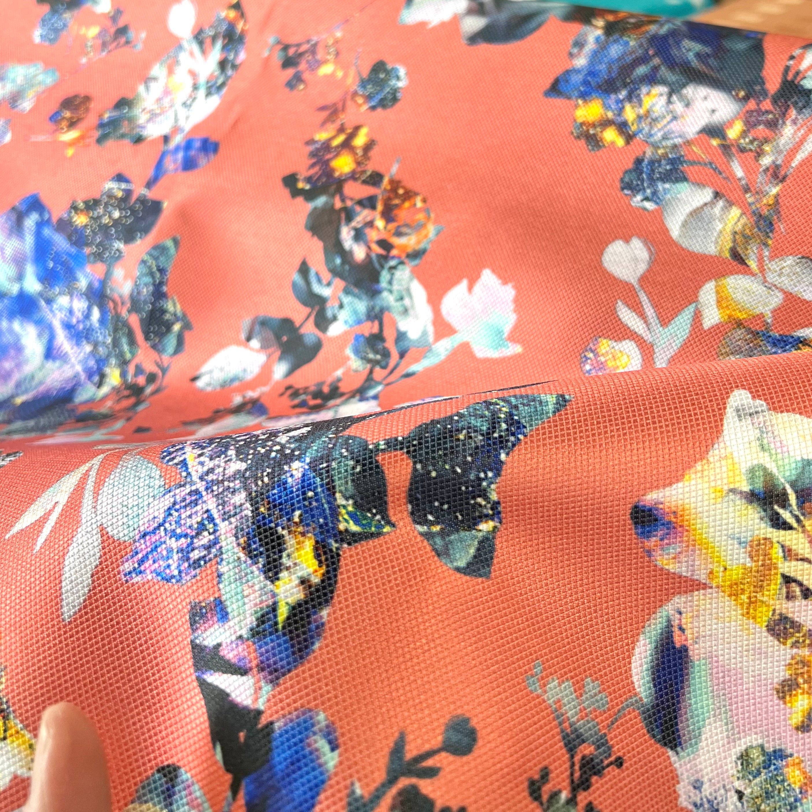 Coral and Blue Printed Silk Blend Mikado (1730)