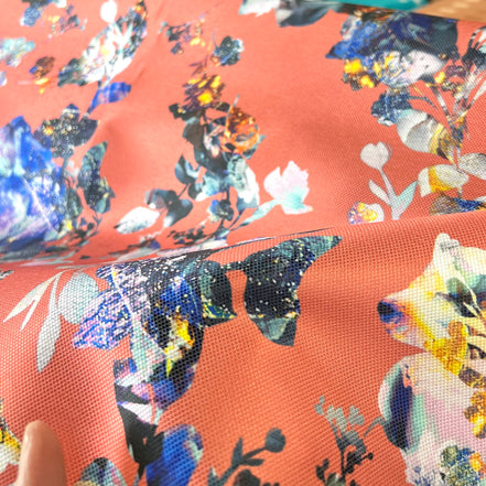 Coral and Blue Printed Silk Blend Mikado (1730)