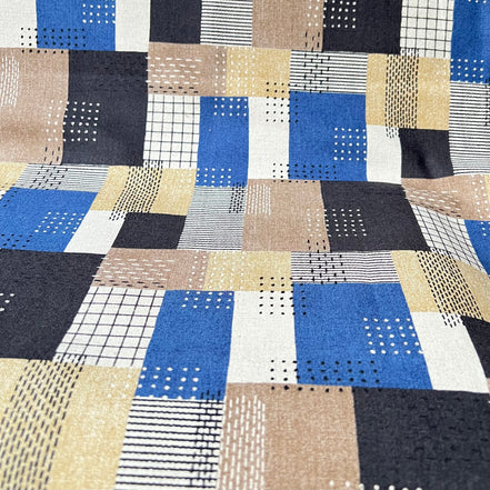 Blue, Indigo, Brown, Tan, White- Sashiko Patchwork Print on Cotton- Linen Canvas Fabric- Kokka- 43” Wide