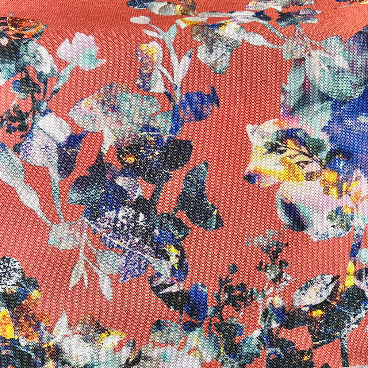 Coral and Blue Printed Silk Blend Mikado (1730)
