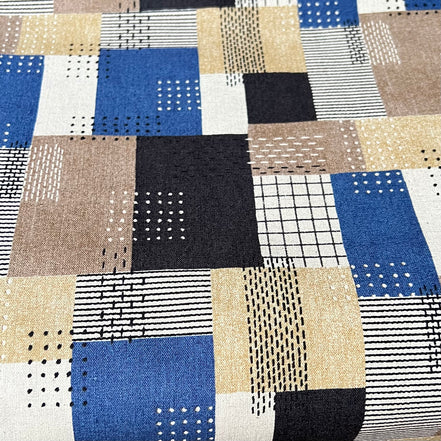Blue, Indigo, Brown, Tan, White- Sashiko Patchwork Print on Cotton- Linen Canvas Fabric- Kokka- 43” Wide