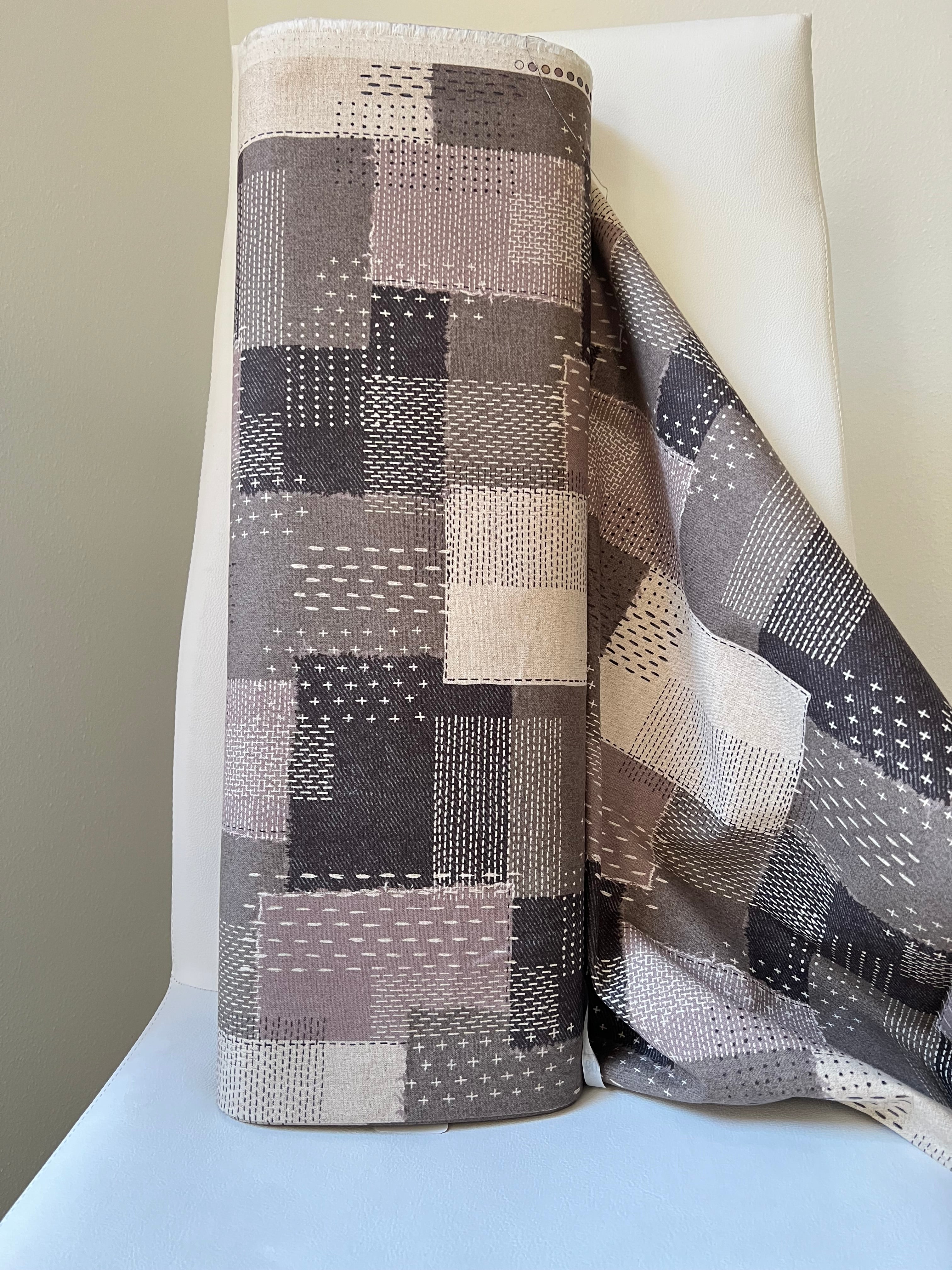Taupe, Off- White- Sashiko Patchwork Print on Cotton- Linen Canvas Fabric- Kokka- 43” Wide