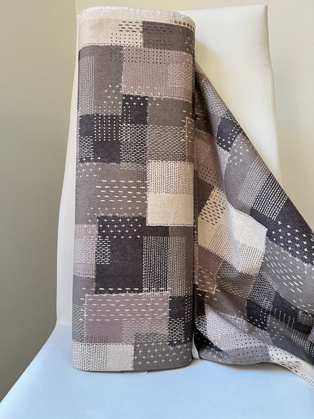 Taupe, Off- White- Sashiko Patchwork Print on Cotton- Linen Canvas Fabric- Kokka- 43” Wide