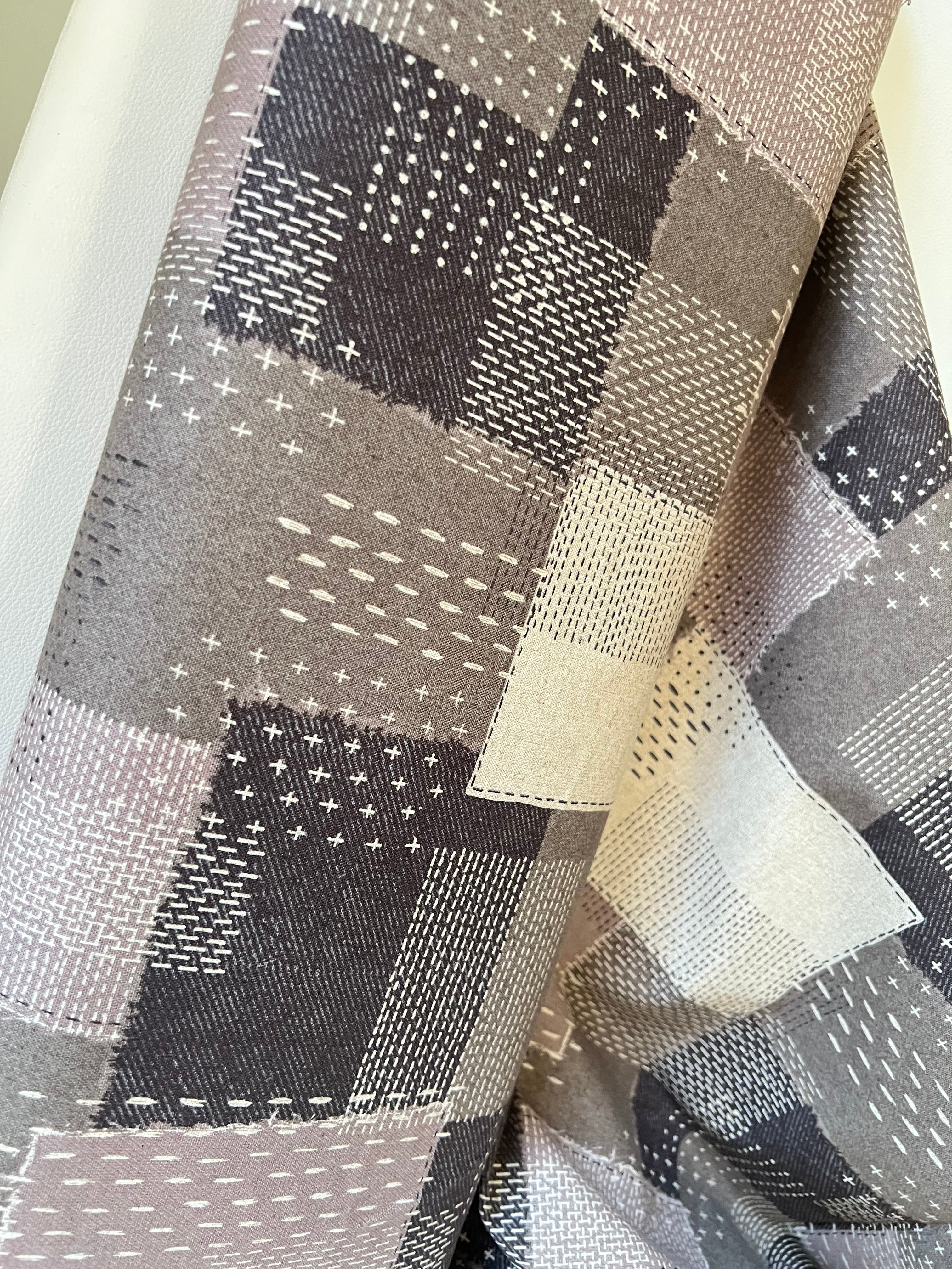 Taupe, Off- White- Sashiko Patchwork Print on Cotton- Linen Canvas Fabric- Kokka- 43” Wide